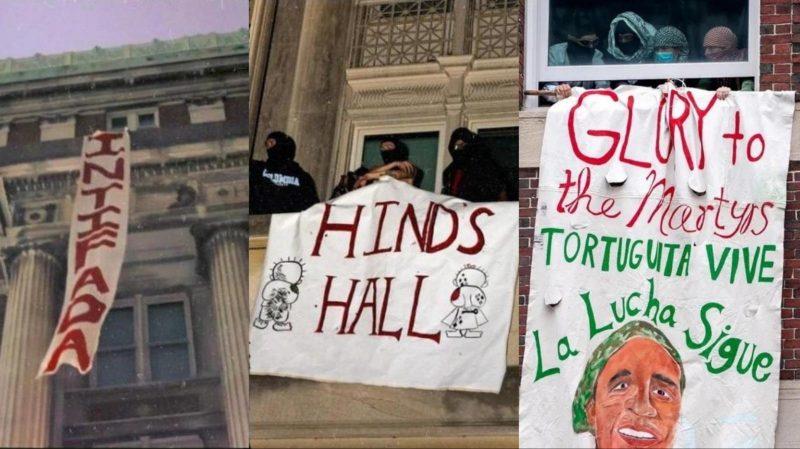 Three photos of banners: "Intifada", "Hind's Hall", "Glory to the Martyrs / Tortuguita Vive, La Lucha Sigue"
