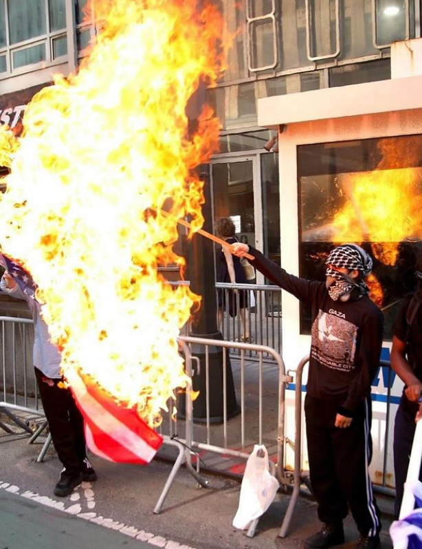 A masked protester burns a US flag.